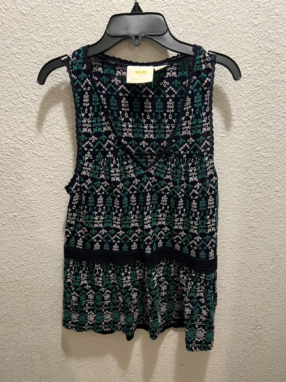 Maeve Black Tank with Green & White Floral Geometric Print